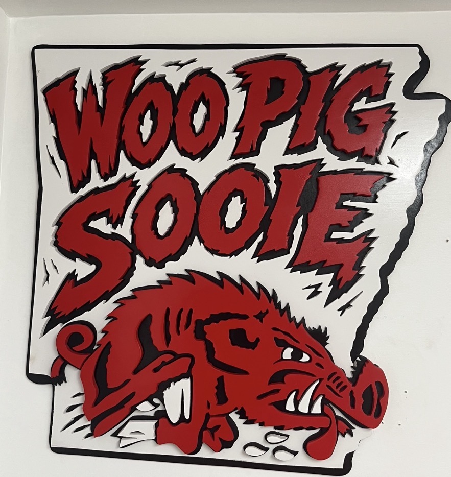 'Woo Pig Sooie' state cutout, every letter cut separately and layered