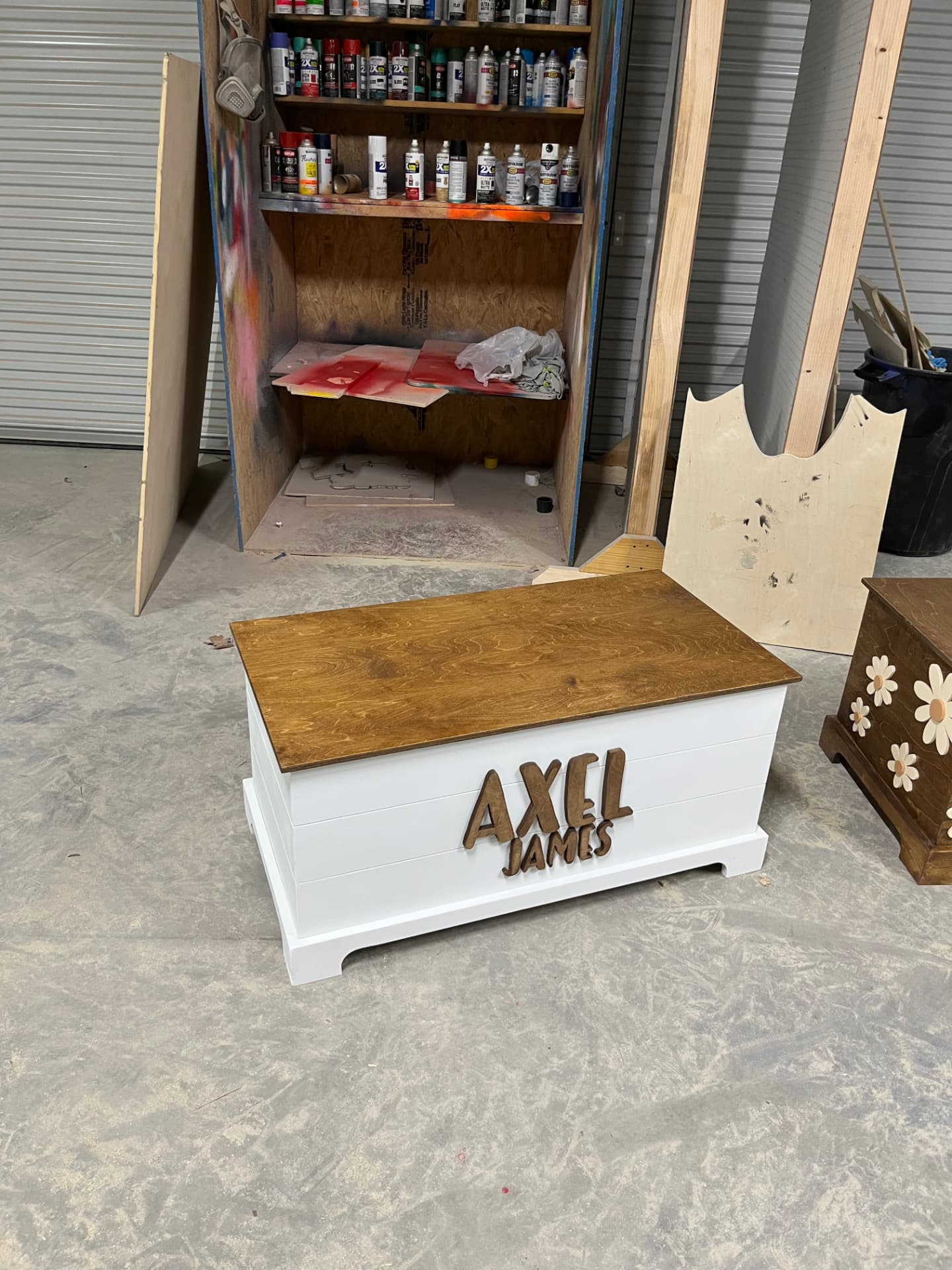 'Axel James' toy box, white shiplap body, stained lid and raised block letters