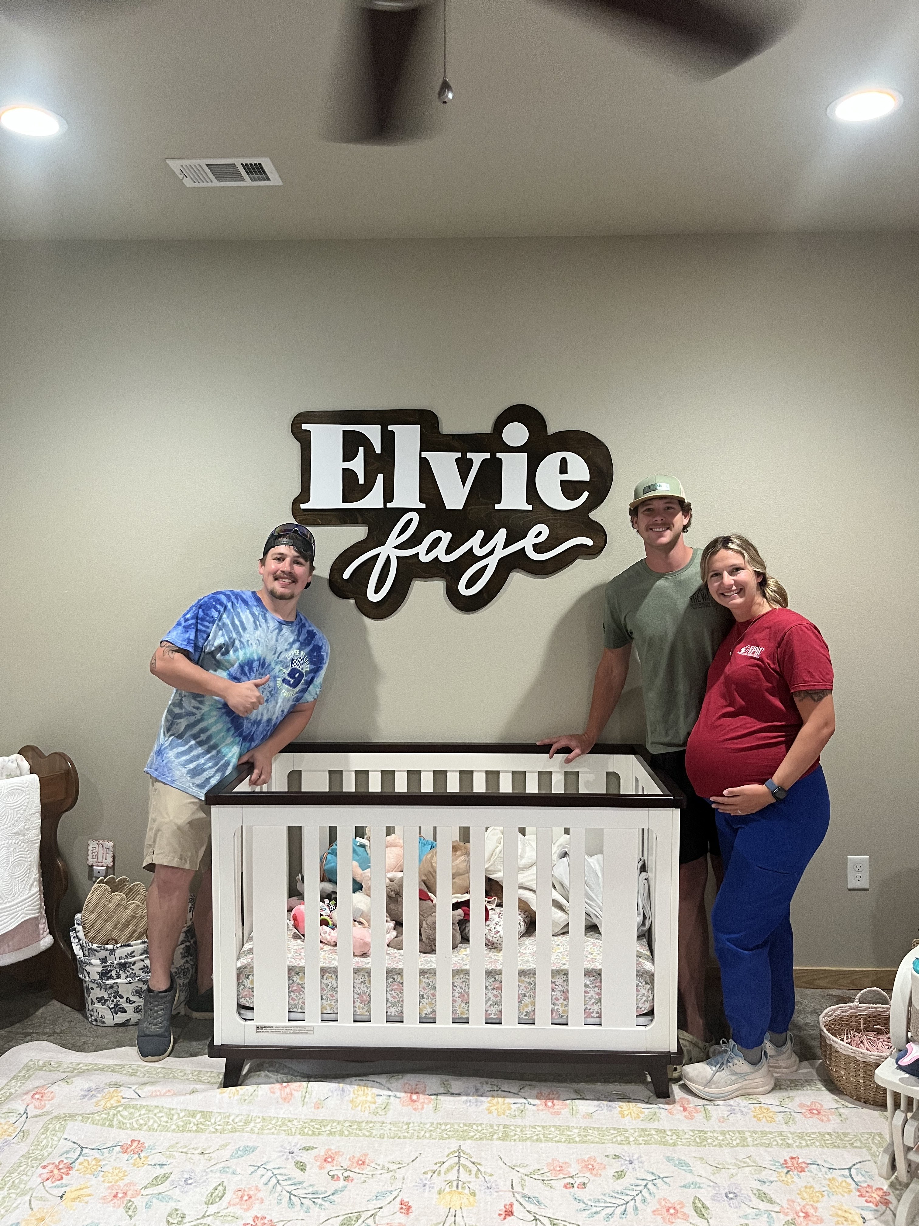 Elvie Faye nursery name sign, delivered and hung over the crib.