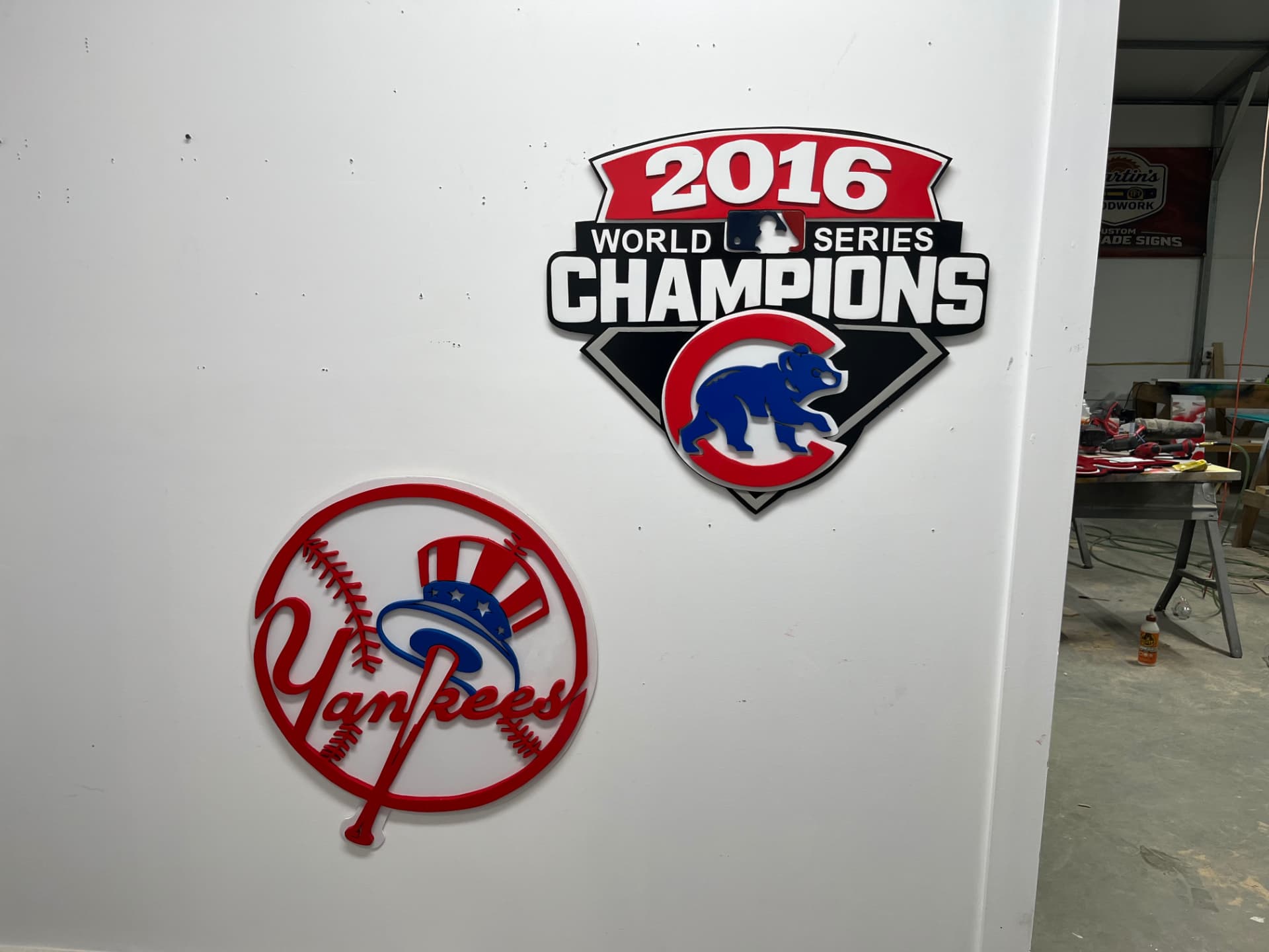 Yankees logo and a 2016 World Series Champions piece, layered and hand-painted, example of custom handmade wood work