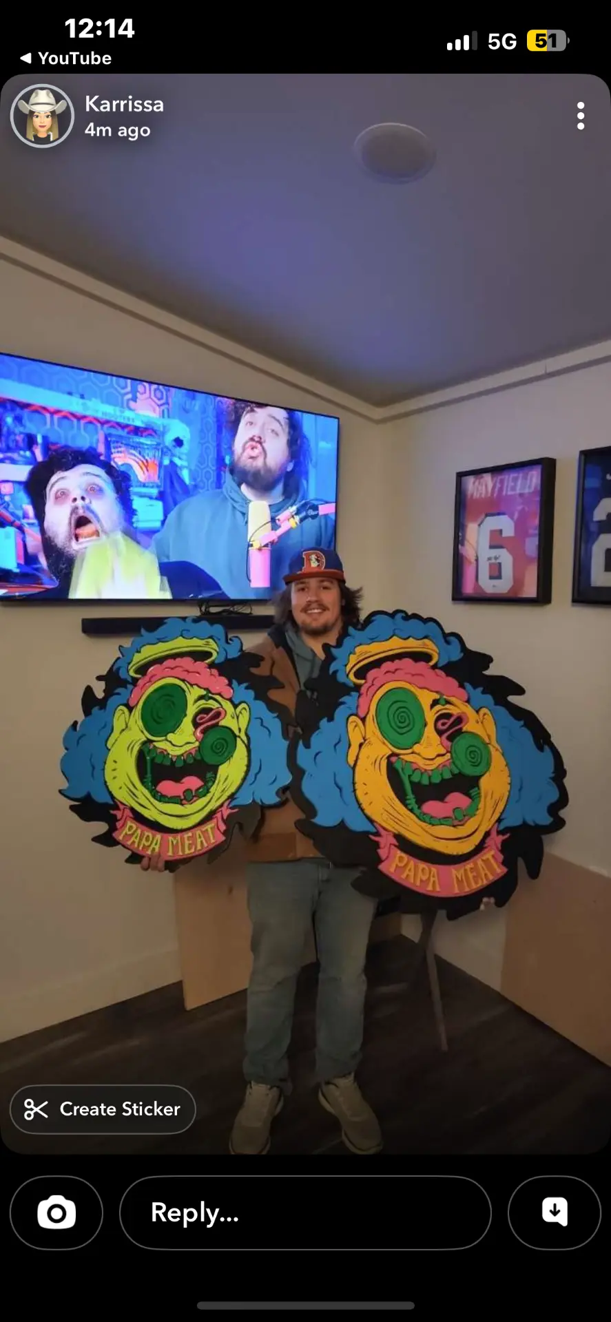 A pair of Papa Meat creator logo signs, layered and hand-painted
