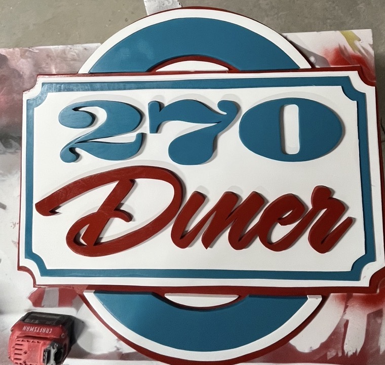 '270 Diner' business sign, layered oval, border and script, all hand-cut