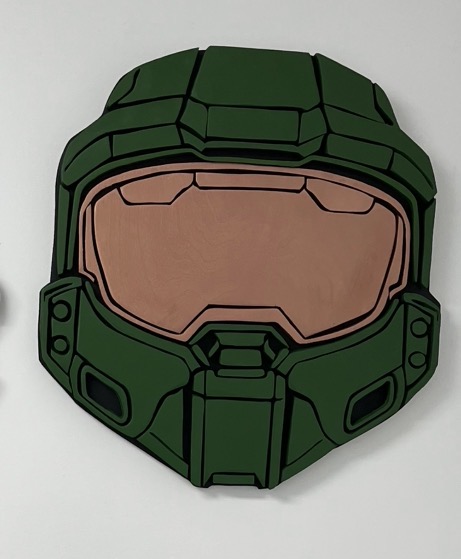 Master Chief helmet from Halo, cut in layers with a stained visor