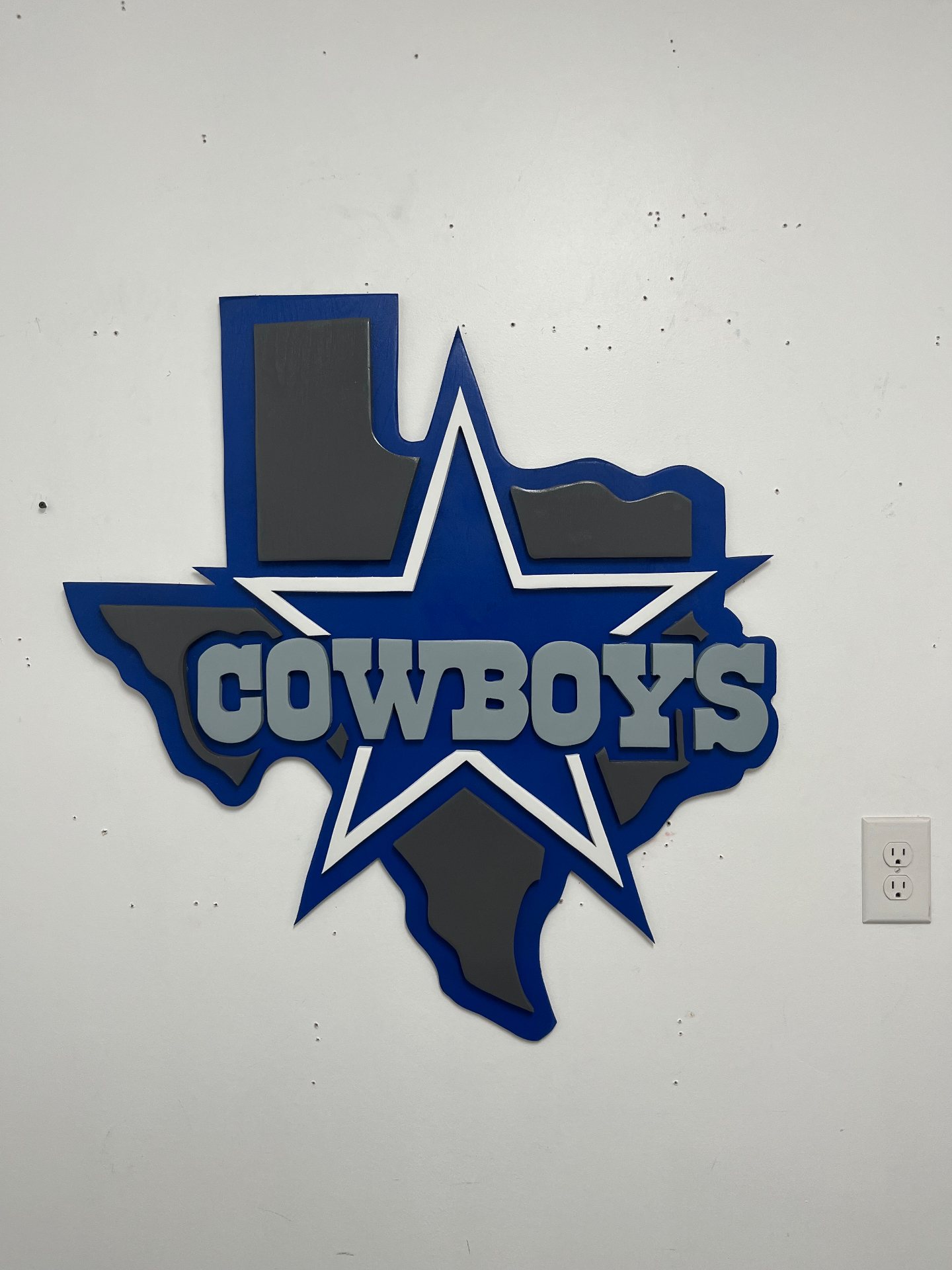 Dallas Cowboys Texas sign, layered in navy, silver and white, cut by hand and ready for the wall.