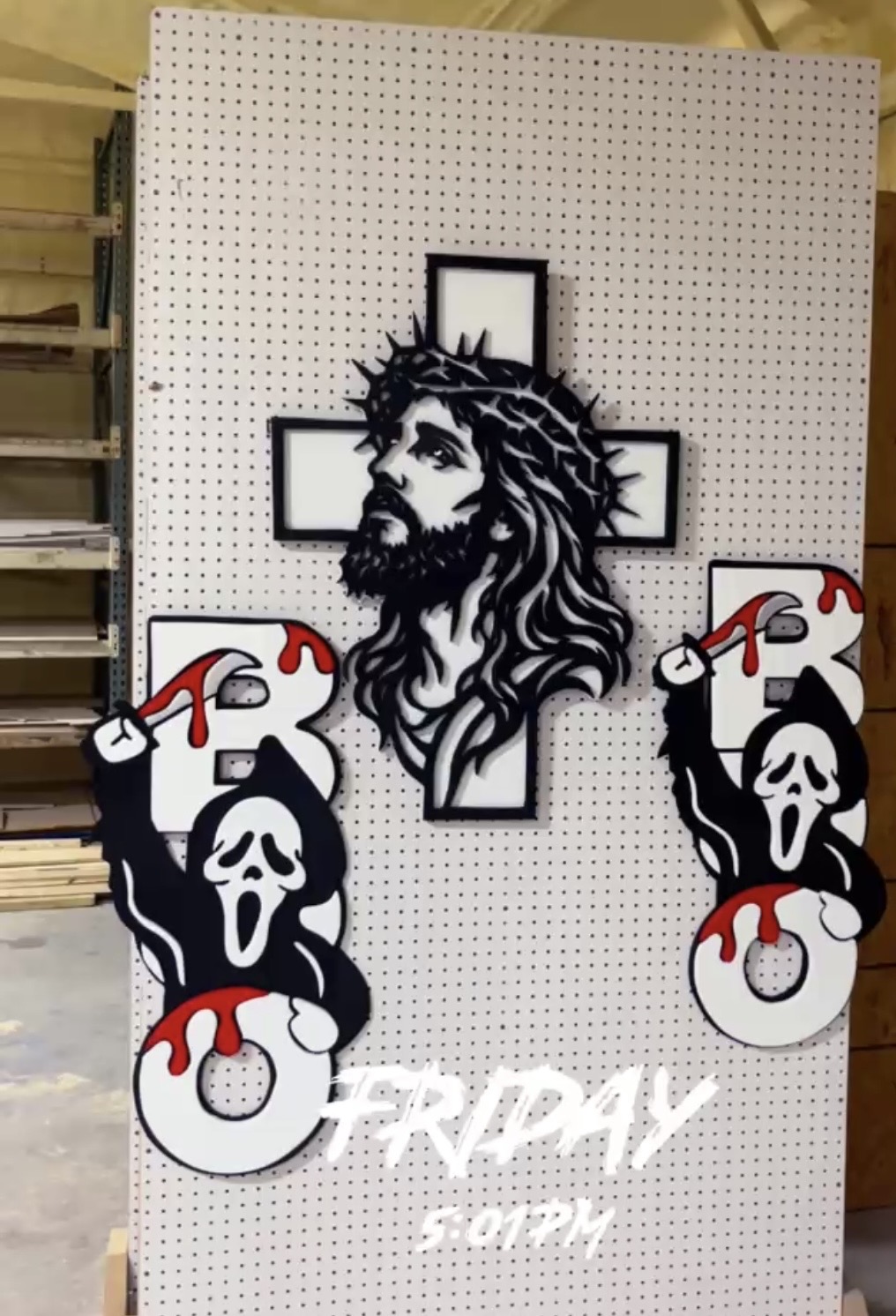 Past commission, a horror-themed cross piece with hand-cut character lettering, past work by Martin's Woodwork