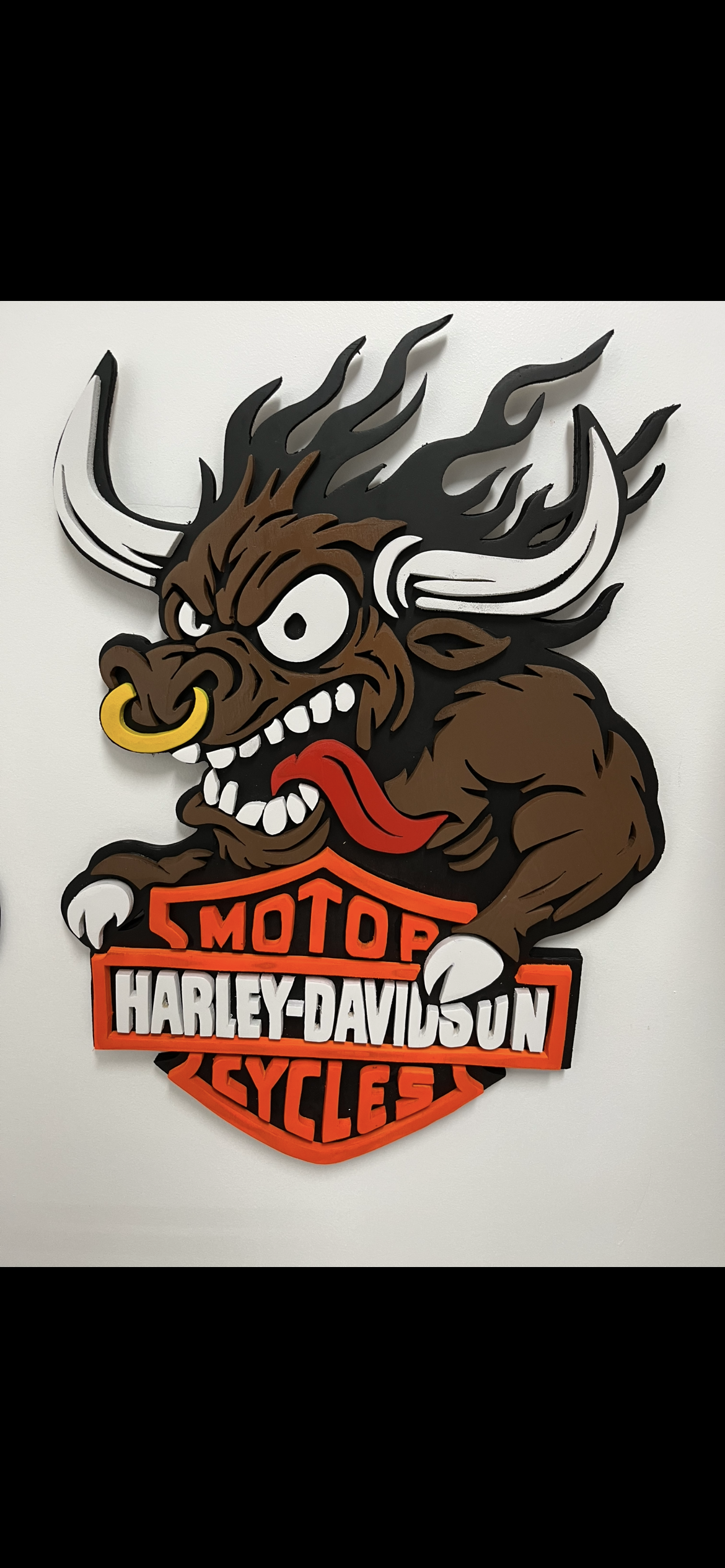 Flaming boar bar and shield with hand-cut horns, flames and nose ring