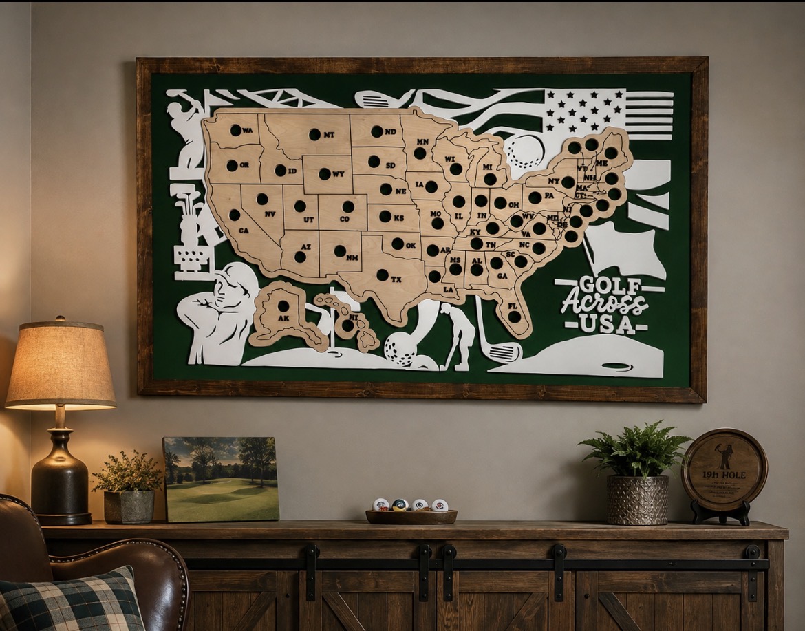 Golf Across USA hand-cut wooden golf ball map hanging in a den