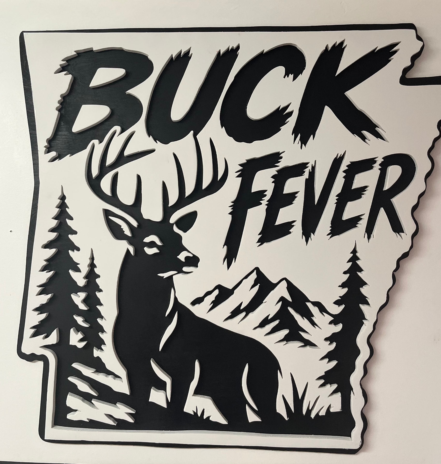 'Buck Fever' Arkansas sign with a whitetail buck, pines and mountains, example of custom handmade wood work